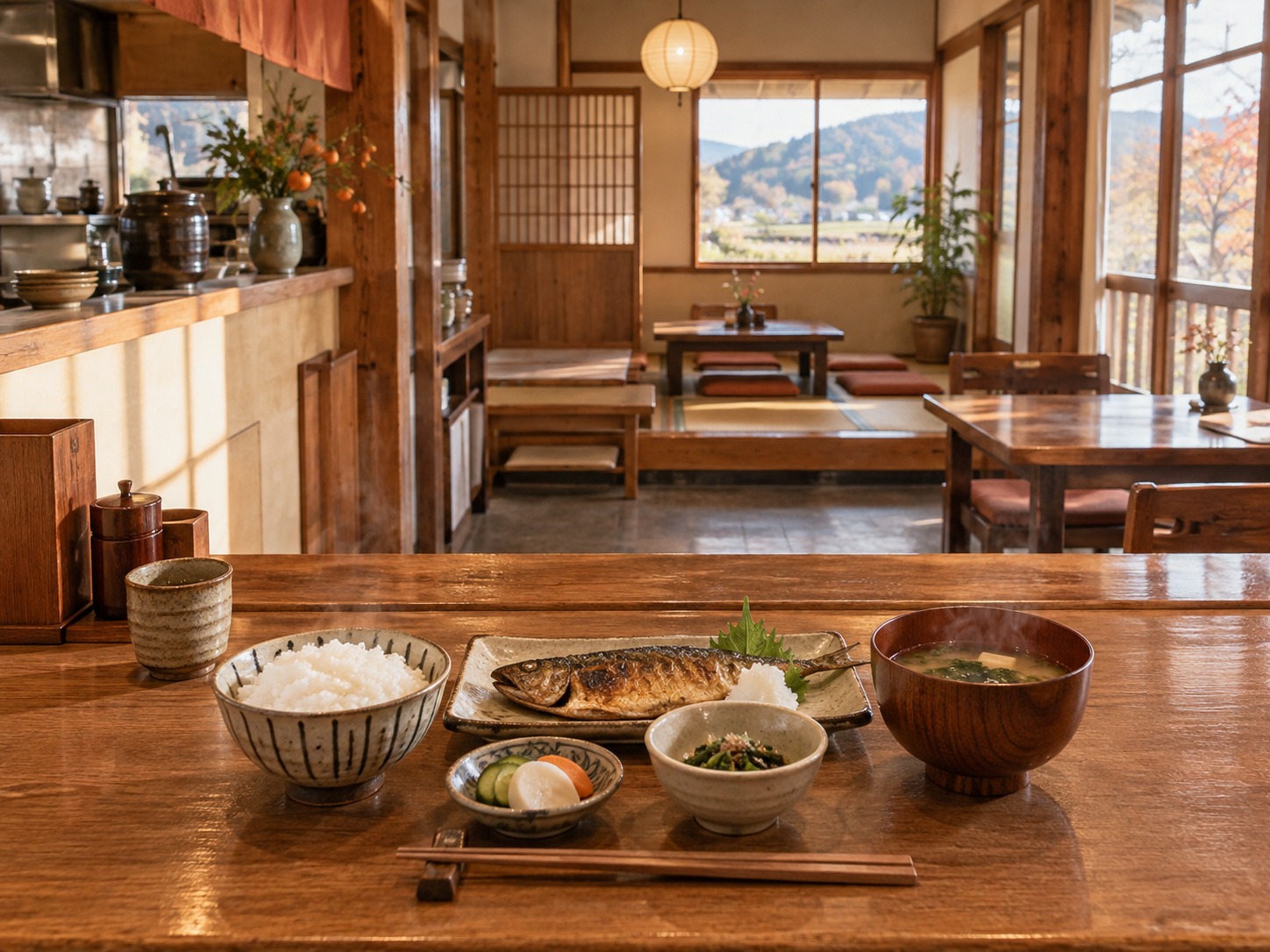 定食屋のカウンターに並ぶ焼き魚定食