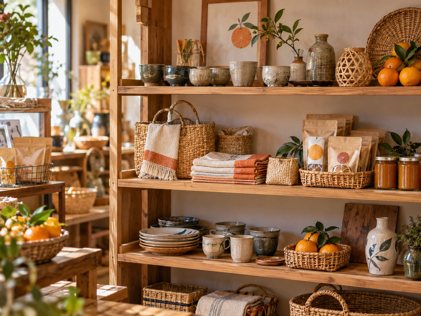 みかん商品や器が並ぶ小さな店の棚