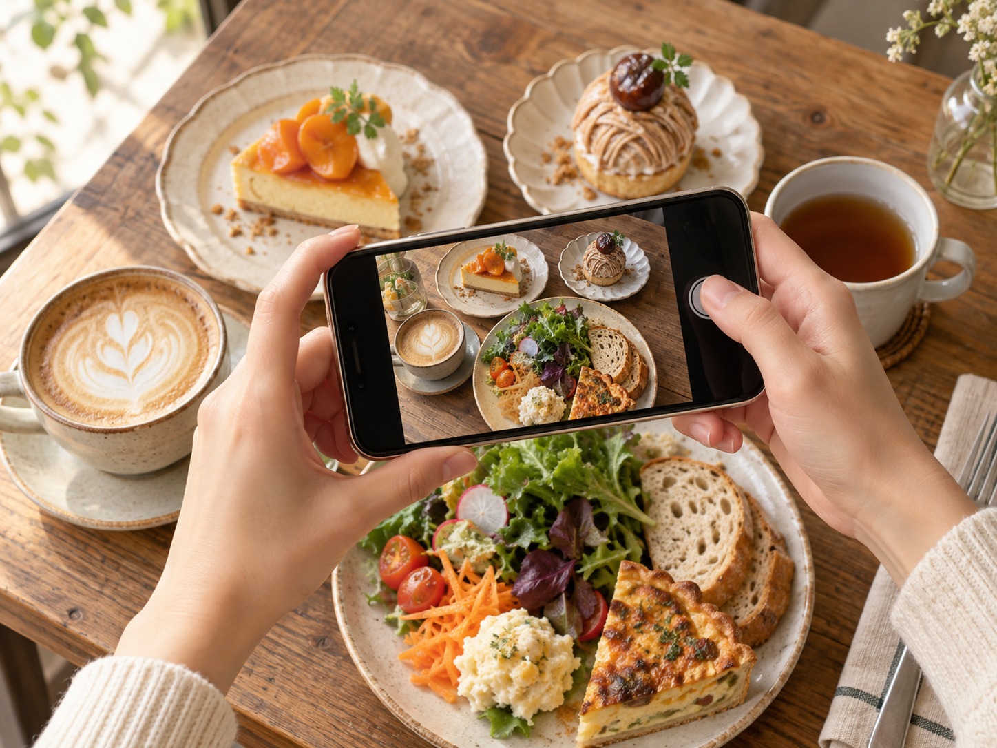 カフェの料理をスマートフォンで撮影する様子